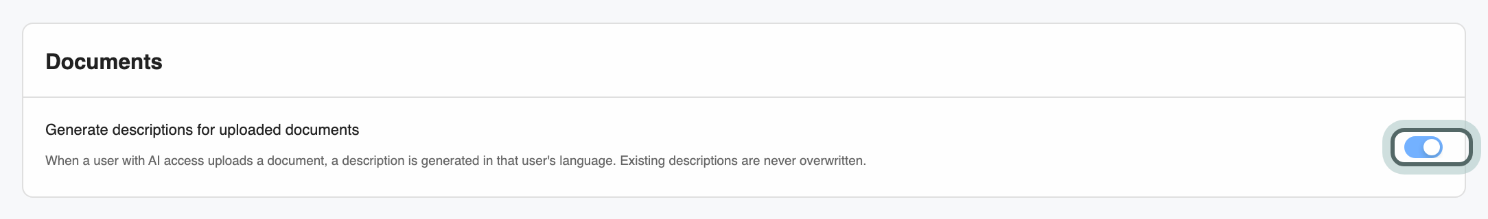 The Documents card on the AI Automation page, with the Generate descriptions for uploaded documents switch turned on and highlighted.
