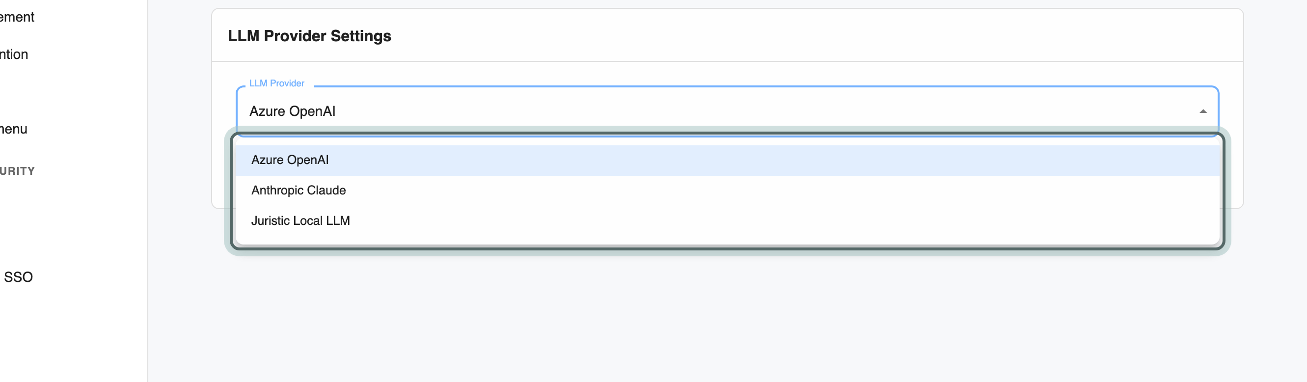 The LLM Provider list open on the AI Provider page: Azure OpenAI, Anthropic Claude and Juristic Local LLM.