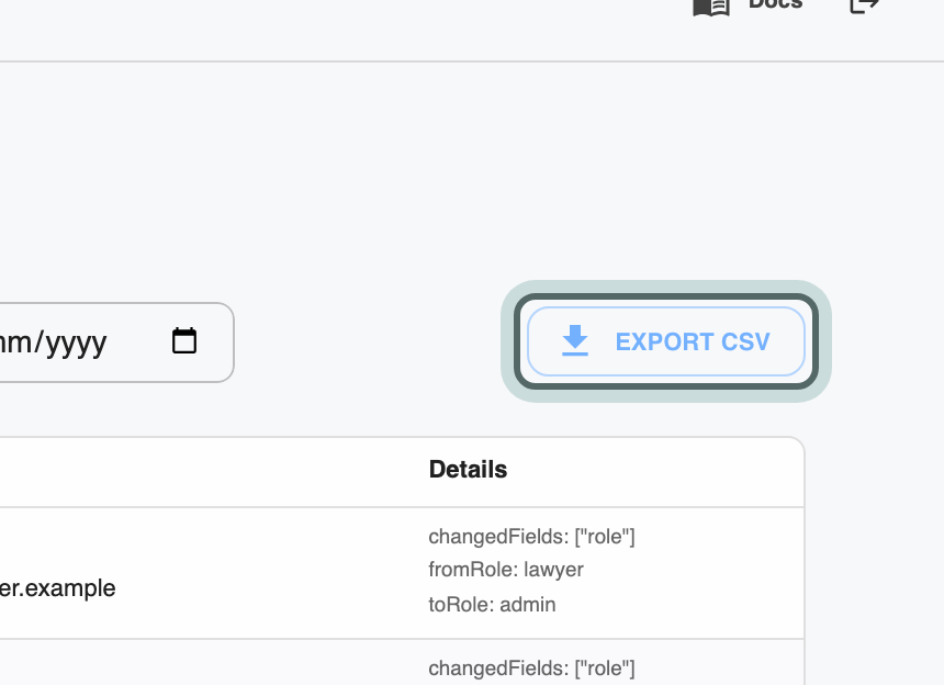Export CSV highlighted at the right of the audit log's filters.