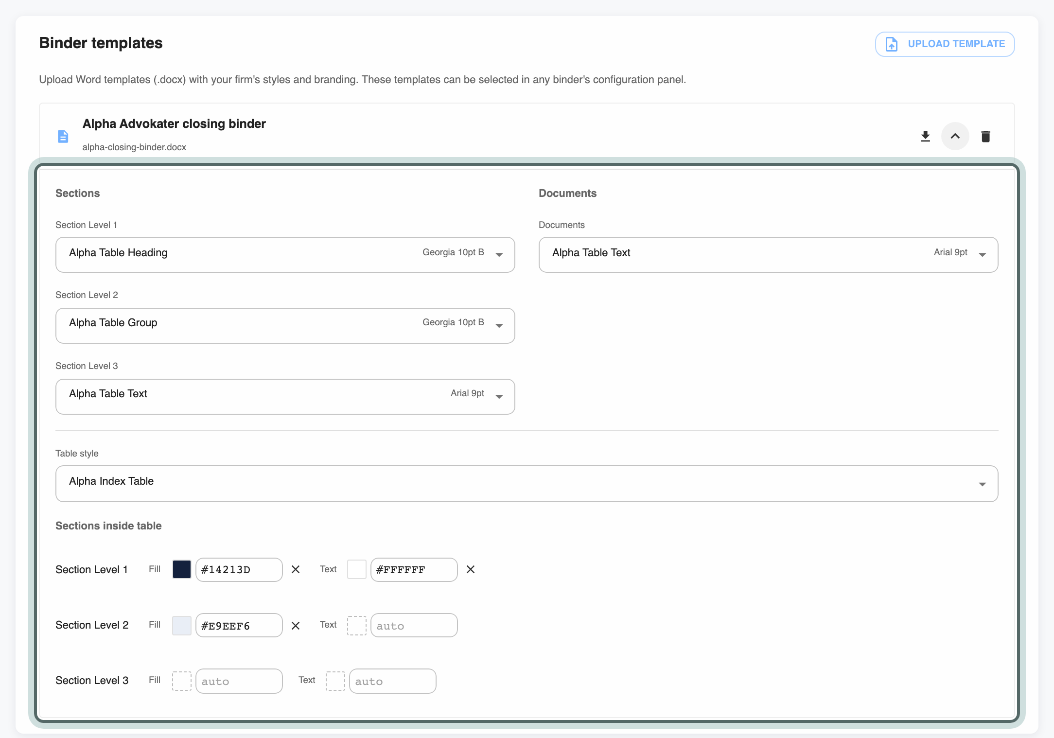 The closing binder template opened to its style mappings: the Word style for Section Level 1, 2 and 3 and for documents, the table style, and the fill and text colours of sections inside the table.