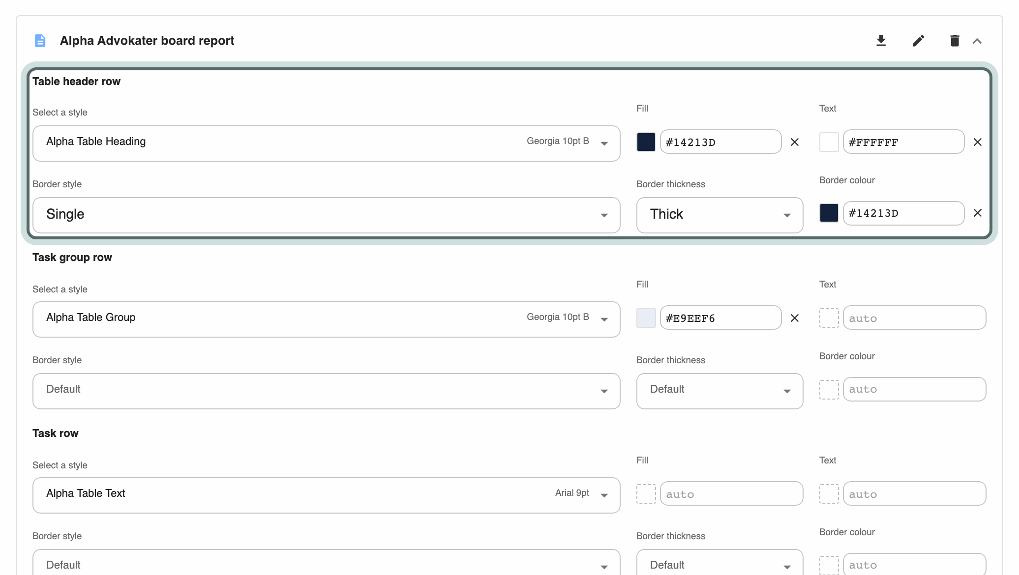 A template opened to its row styles: for the table header row, task group row and task row, the Word style to use and the fill, text, border style, border thickness and border colour.