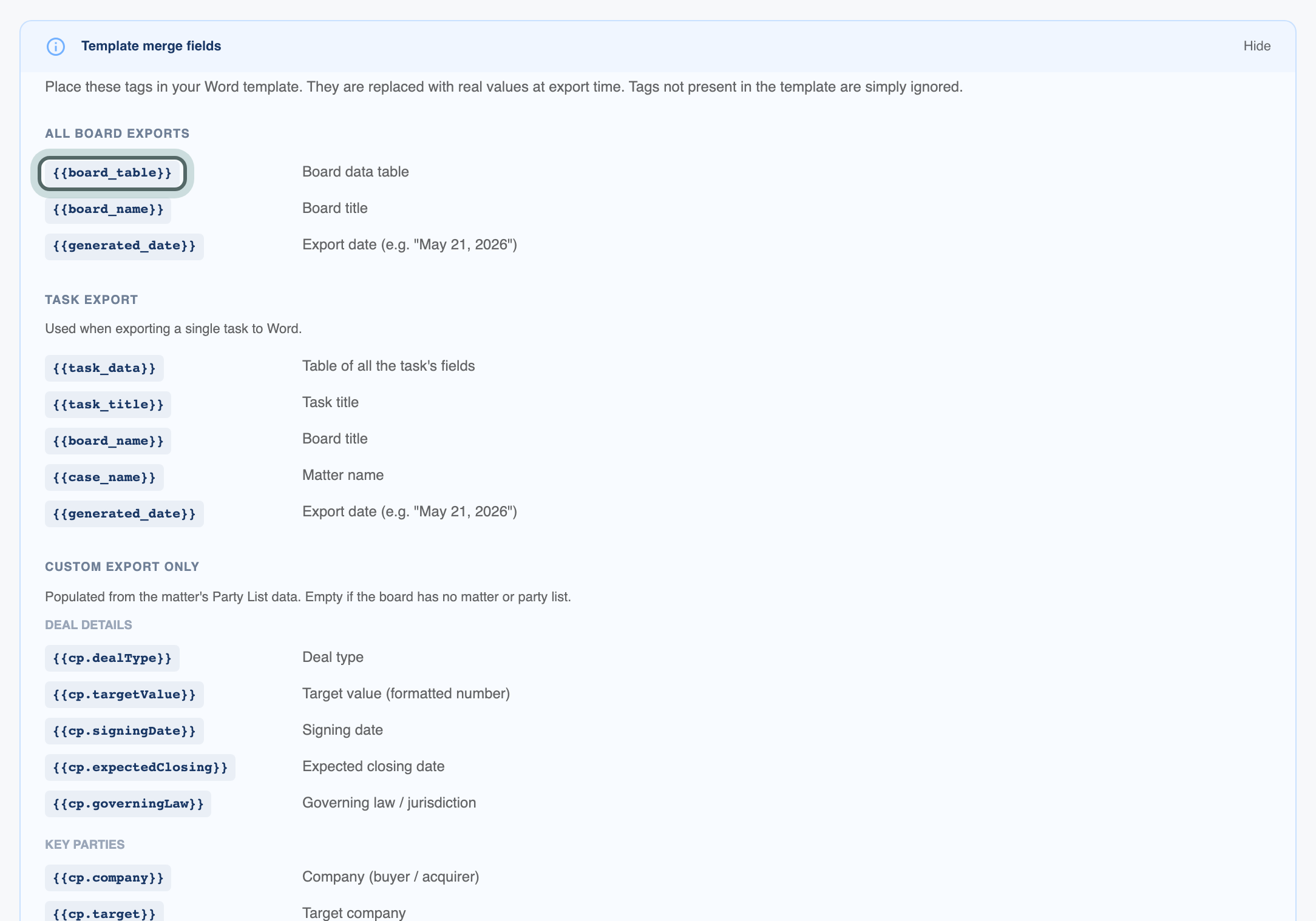 The Template merge fields panel opened: the tags to place in a Word template, with {{board_table}}, where the board's table goes, highlighted.