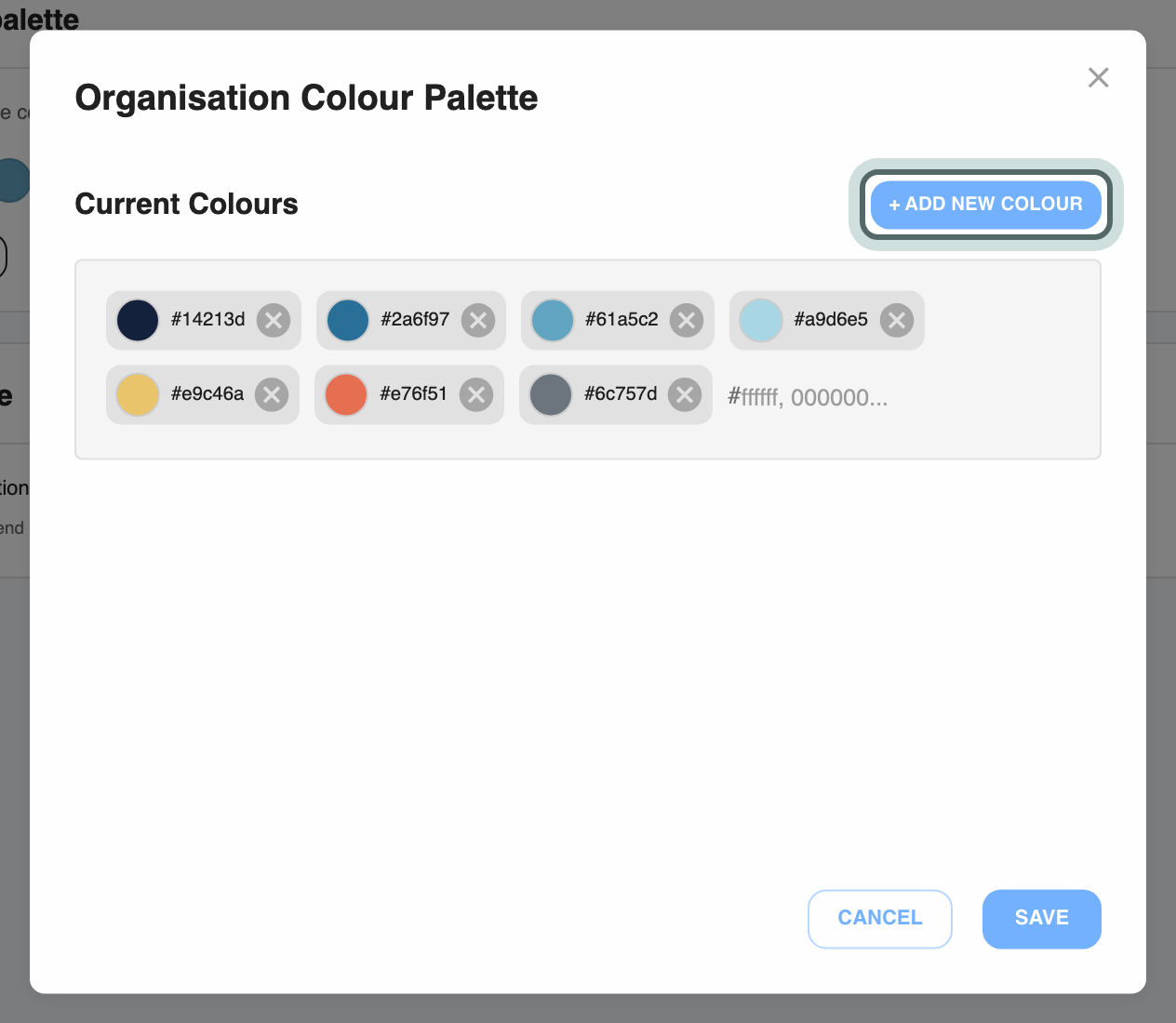 The Organisation Colour Palette window: the firm's colours as chips, the field for typing a hex code, and + Add New Colour highlighted.