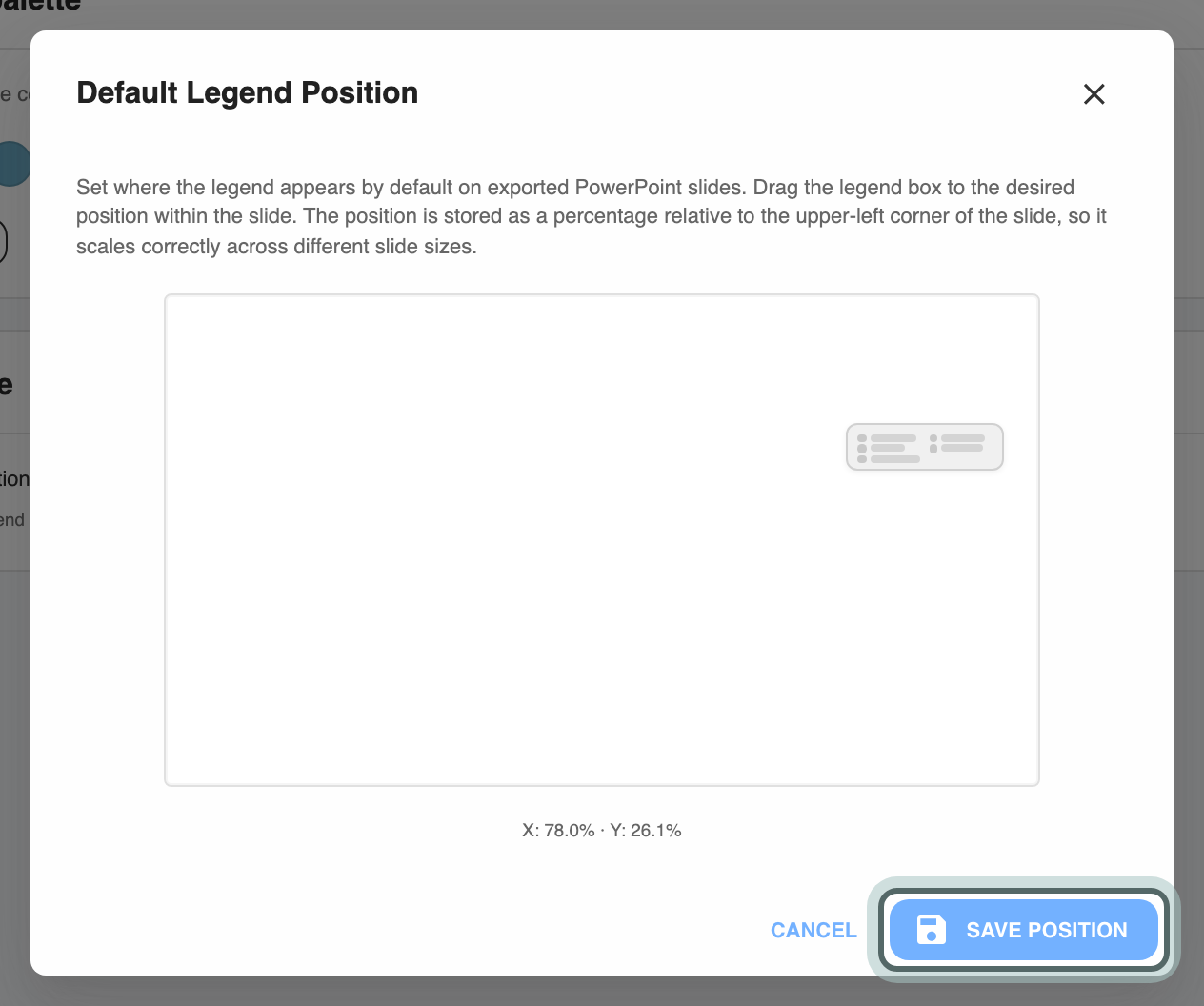 The Default Legend Position window: the legend box dragged up the right-hand side of the slide preview, and Save Position highlighted.