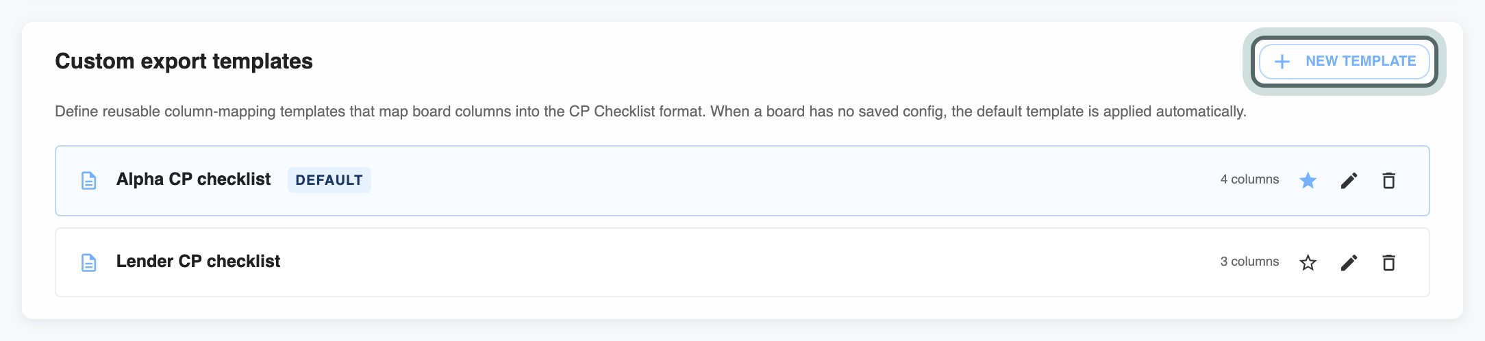 The Custom export templates card, with the firm's CP checklist templates, and New template highlighted.