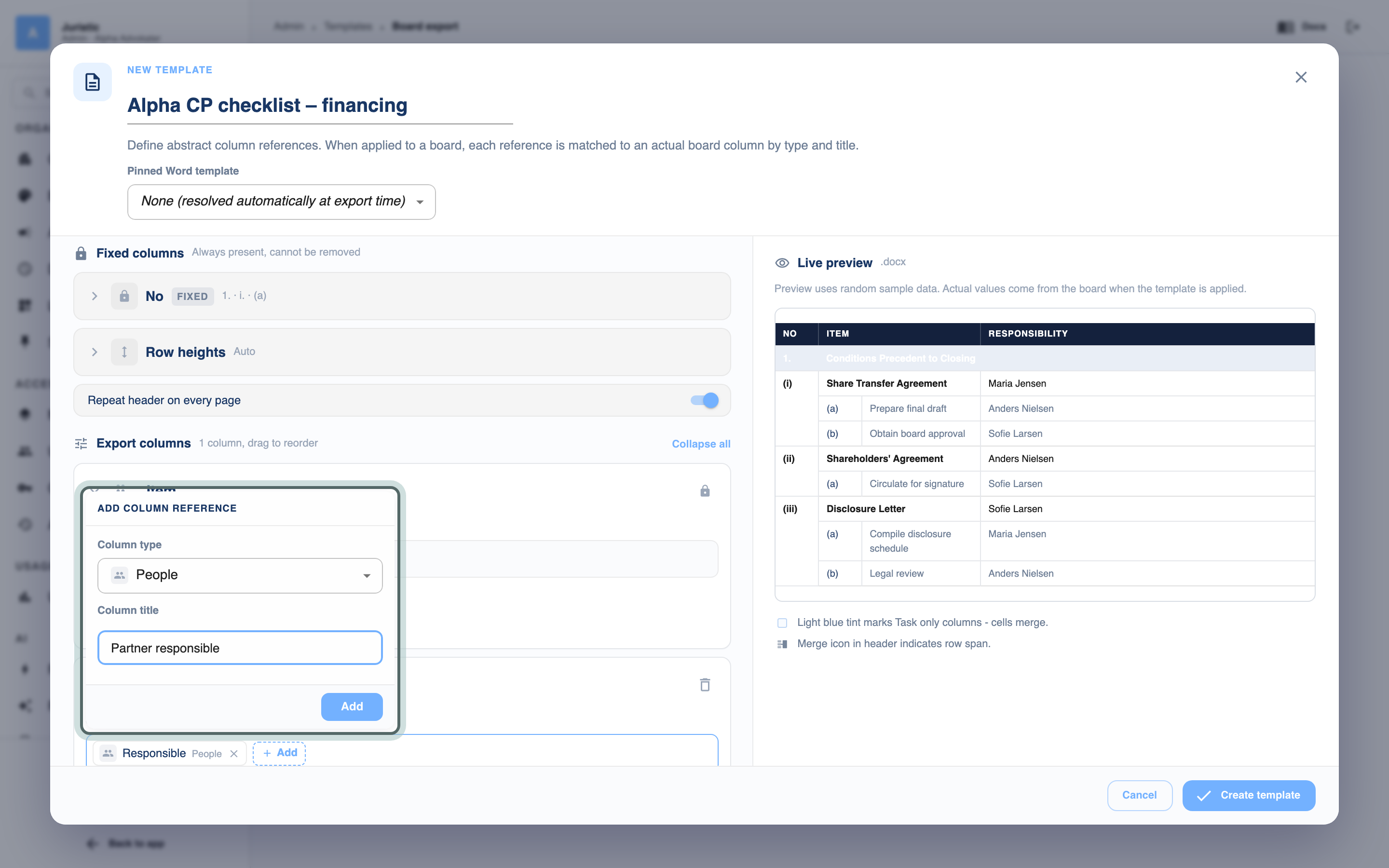 The new template's editor: the Responsibility export column with the Add column reference box open (Column type people, Column title Partner responsible), and the Live preview of the checklist on the right.