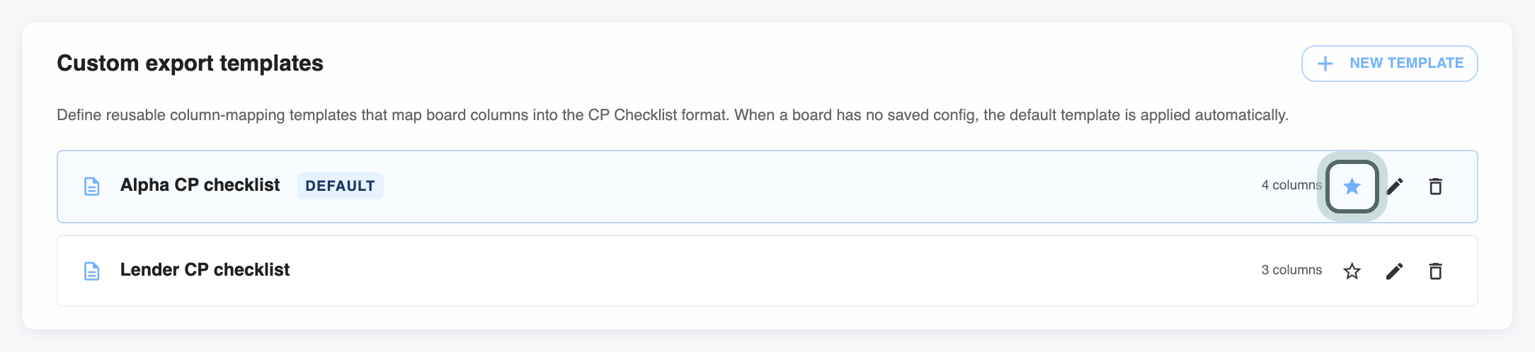 The Alpha CP checklist template marked Default, with its Set as default star highlighted. The default template is used on every board without its own export set-up.