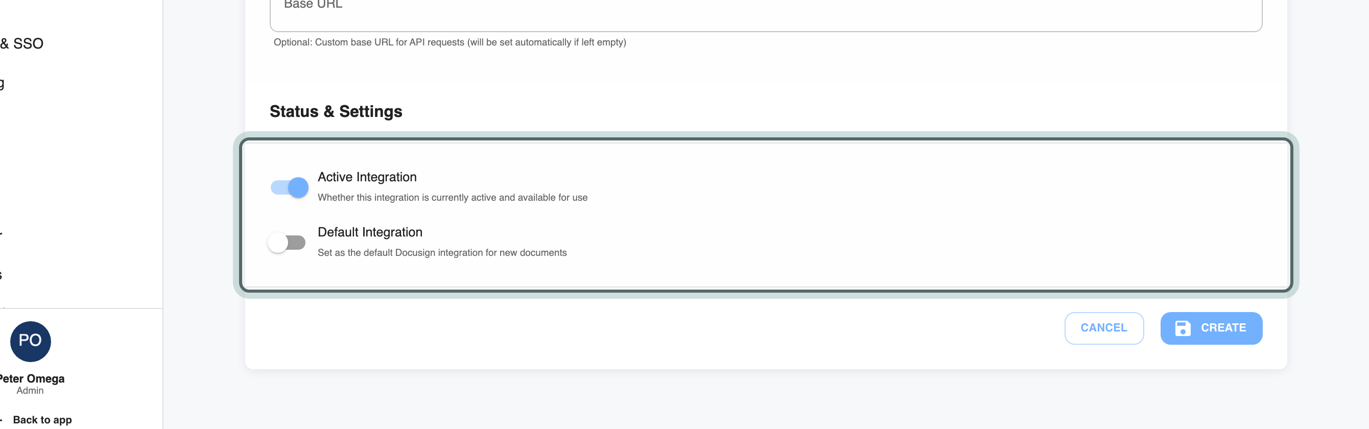 Status & Settings for the integration, with the Active Integration and Default Integration switches highlighted.