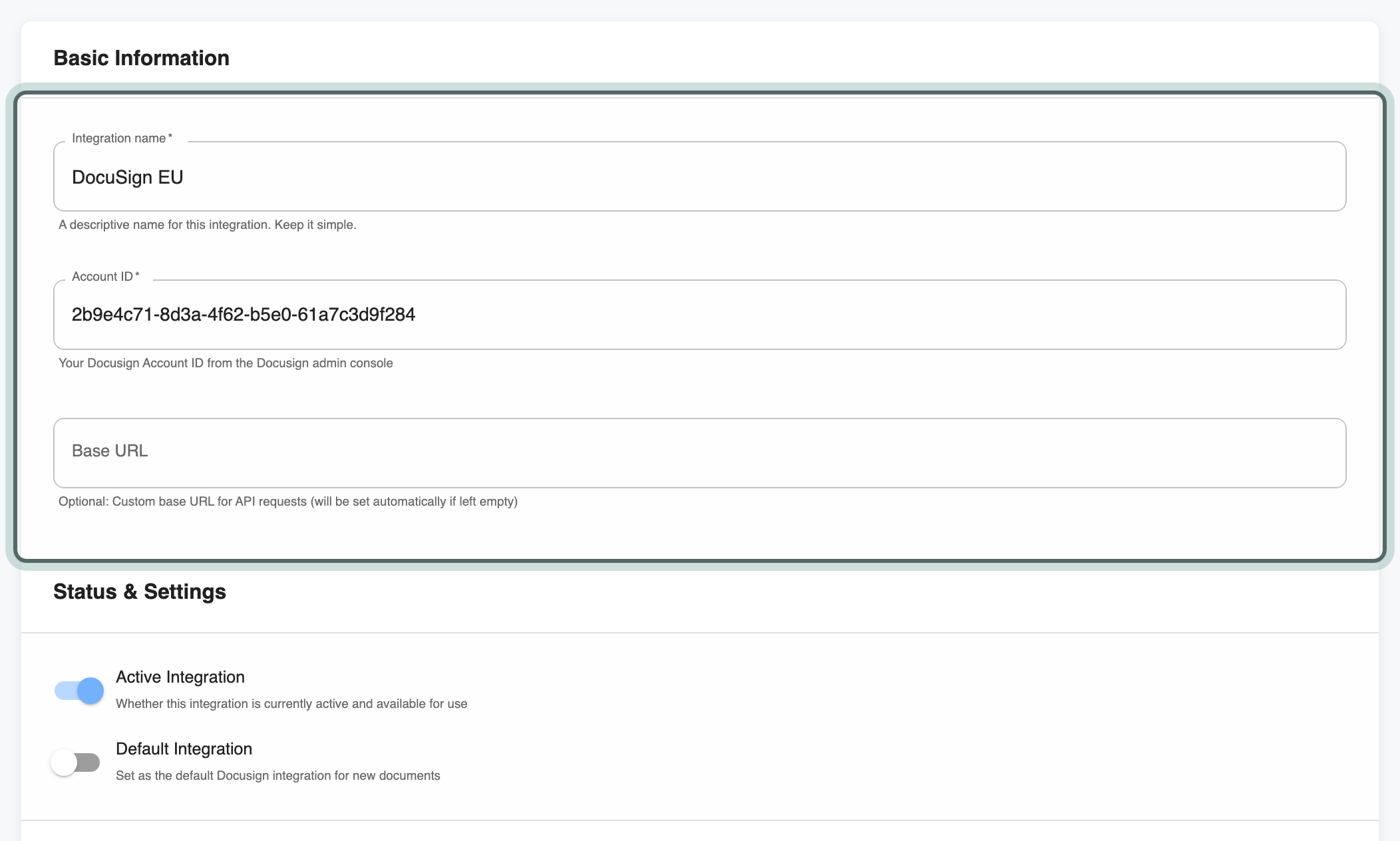 Basic Information for a new Docusign integration: Integration name DocuSign EU, the firm's Docusign Account ID, and Base URL left empty so it is set automatically.