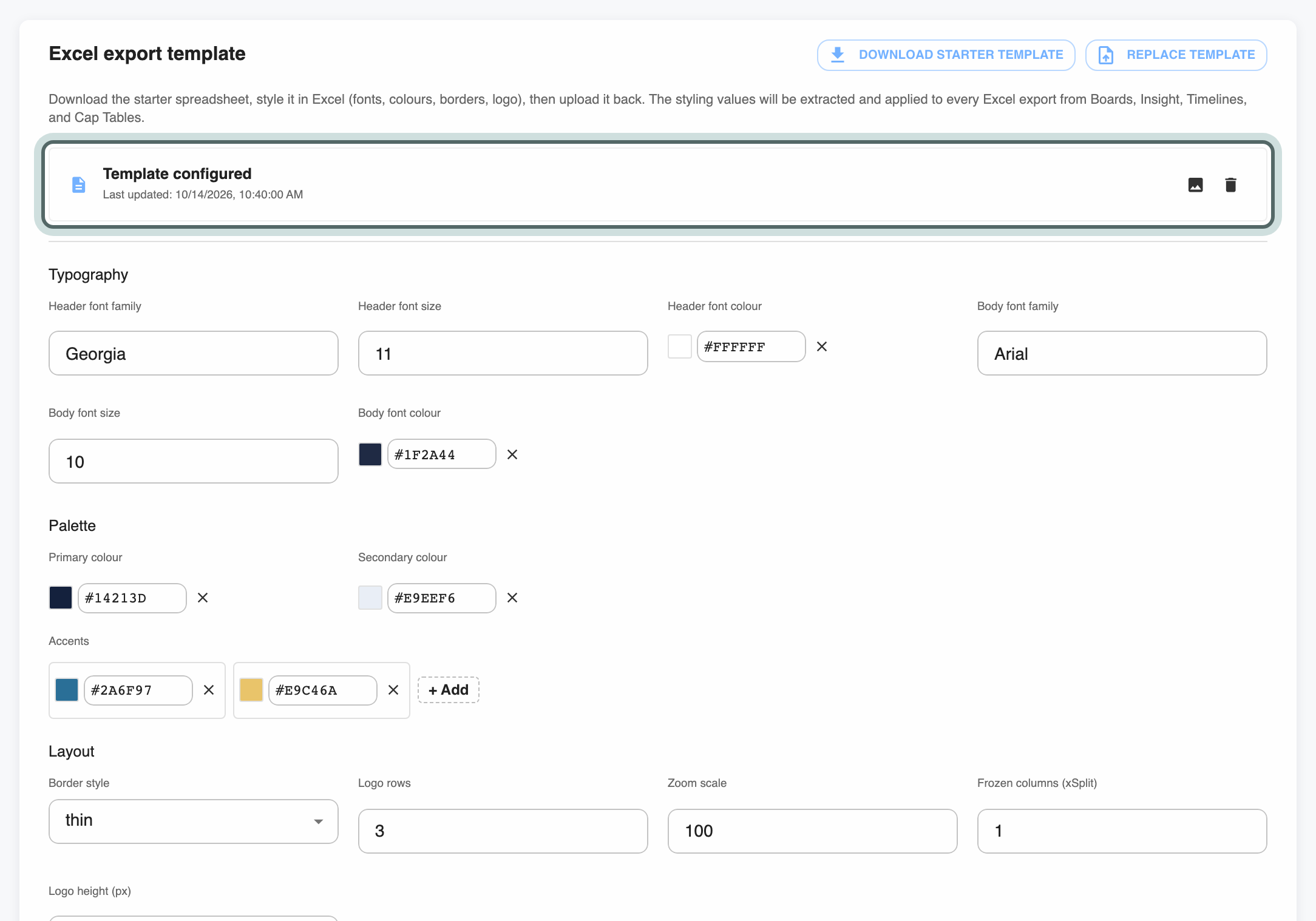 Template configured, with the settings read from the uploaded workbook below it: Typography, Palette and Layout, each of which can be adjusted by hand.