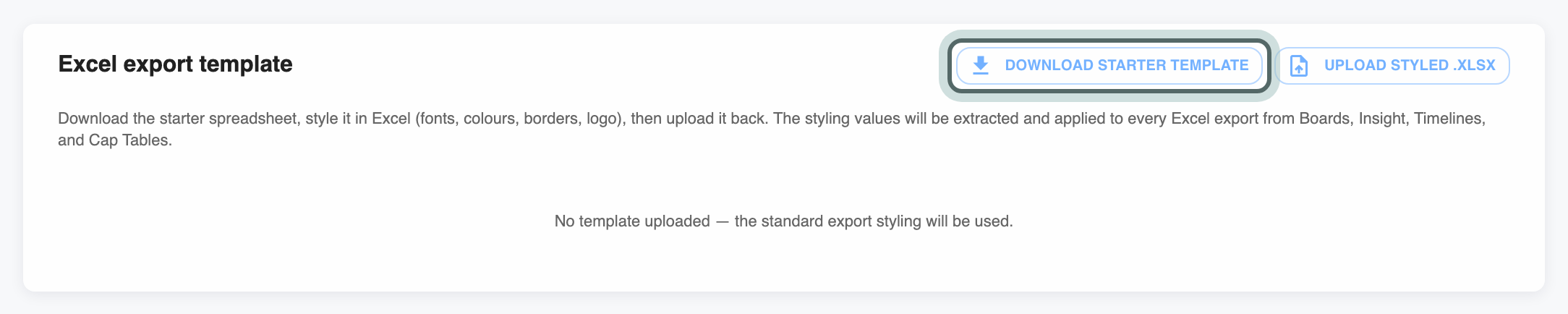 The Excel export template card with no template yet, and Download starter template highlighted.