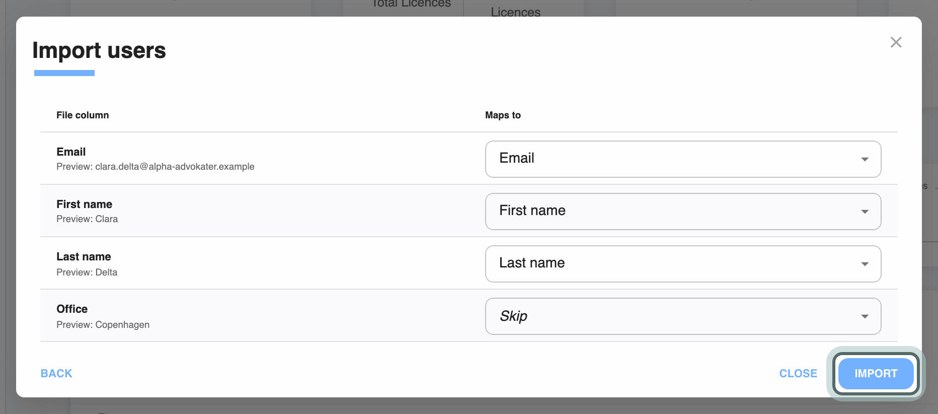The Import users dialog matching the file's columns: Email, First name and Last name map to Email, First name and Last name, Office is skipped. Each column shows a preview from the file. Import is highlighted.