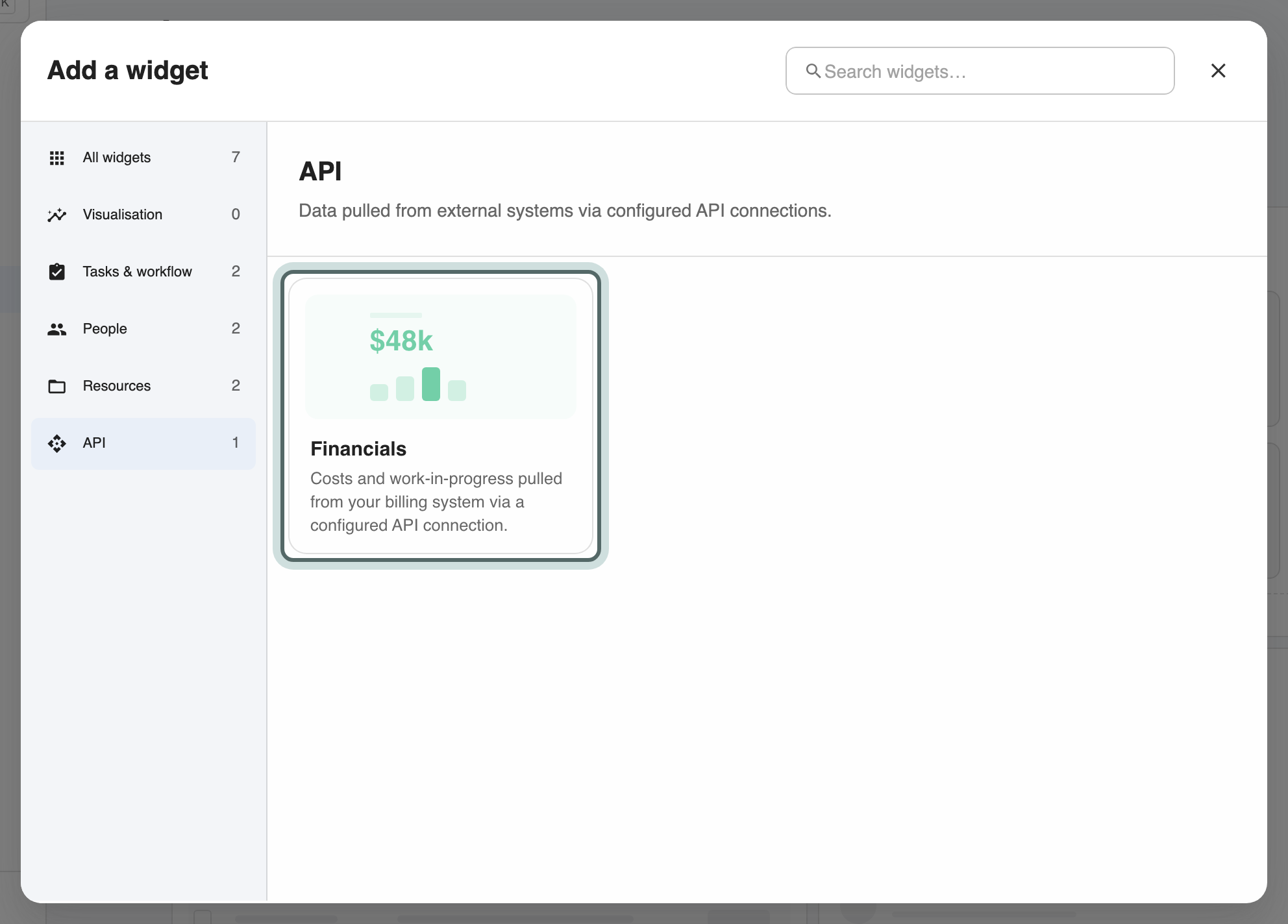 The Add a widget window on the API category, with the Financials card highlighted: costs and work in progress from the firm's billing system.