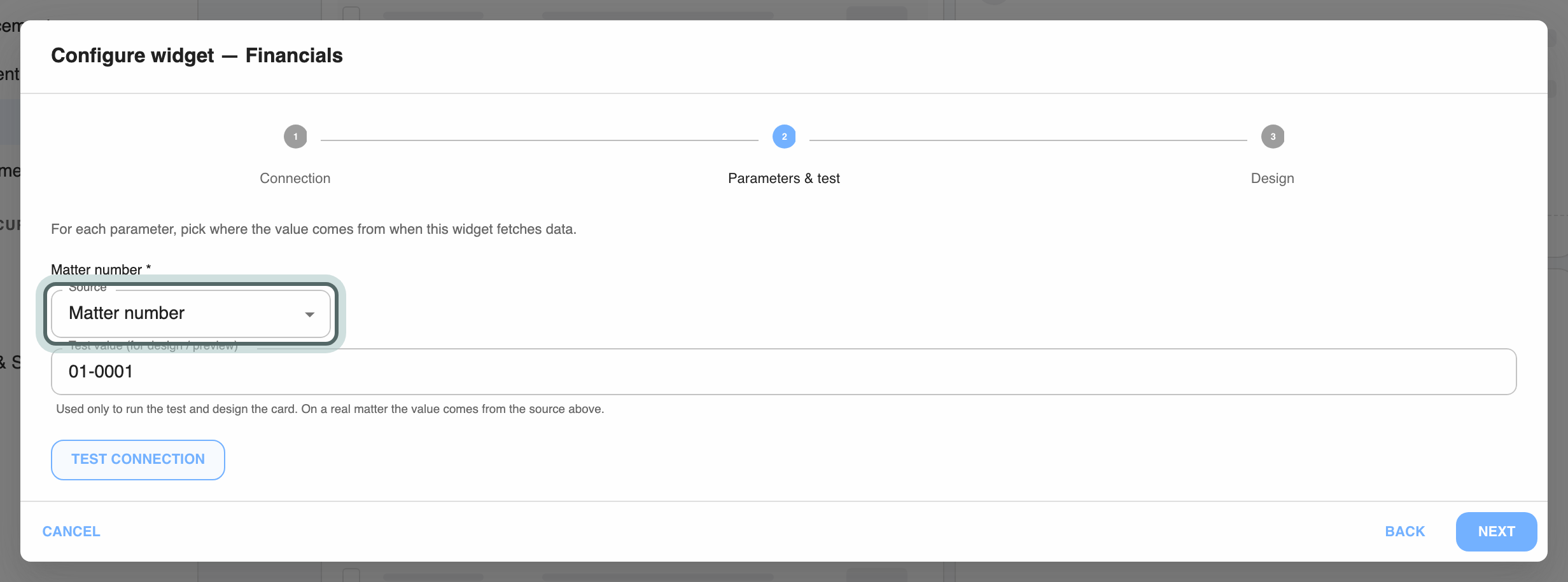 Configure widget, Parameters & test step: caseIdentifier takes its value from the Matter number, highlighted, with a test value 01-0001 and the Test connection button.