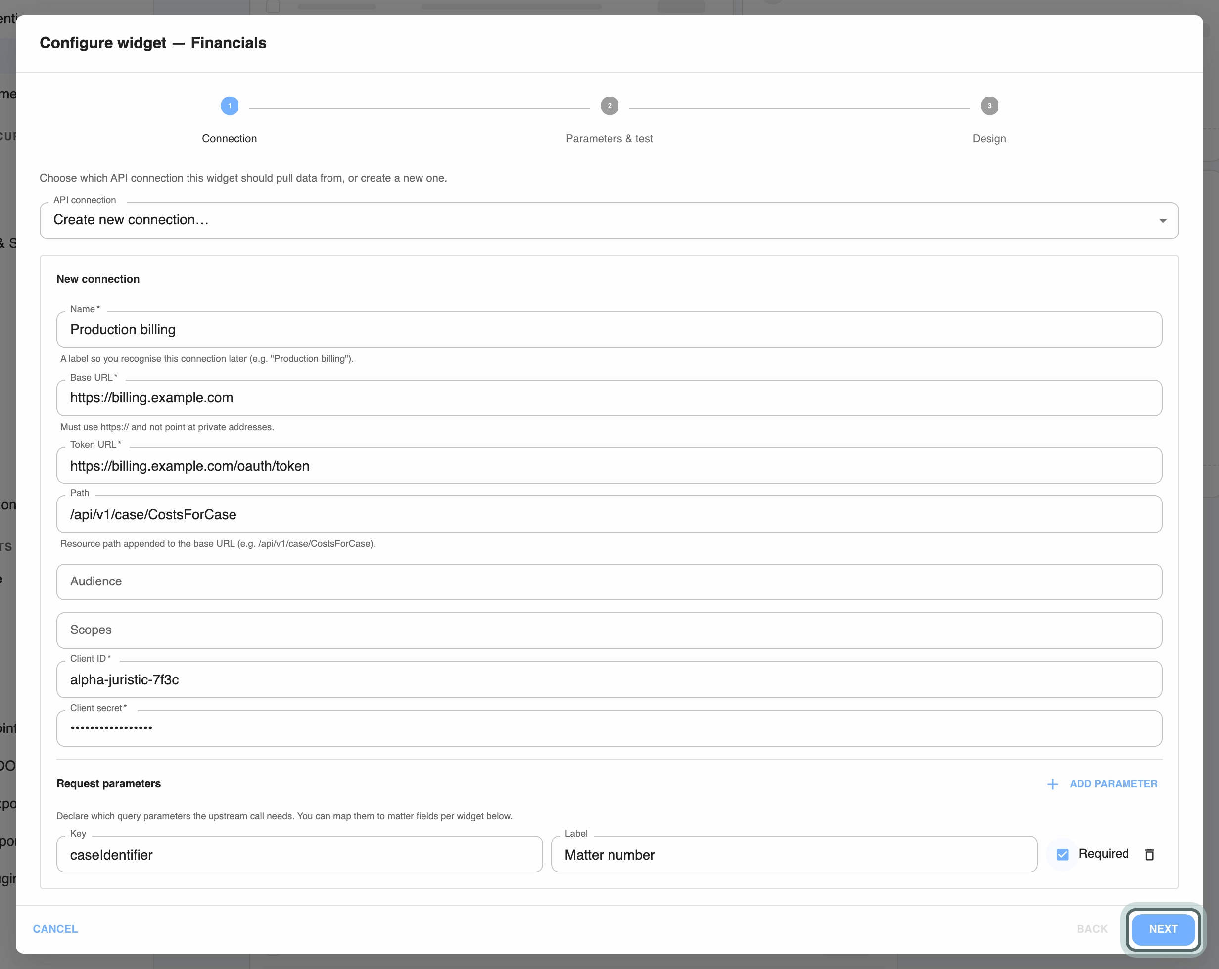 Configure widget, Connection step: API connection set to Create new connection…, and the New connection form filled in with the name Production billing, https://billing.example.com and a client ID, and a required request parameter caseIdentifier, labelled Matter number.