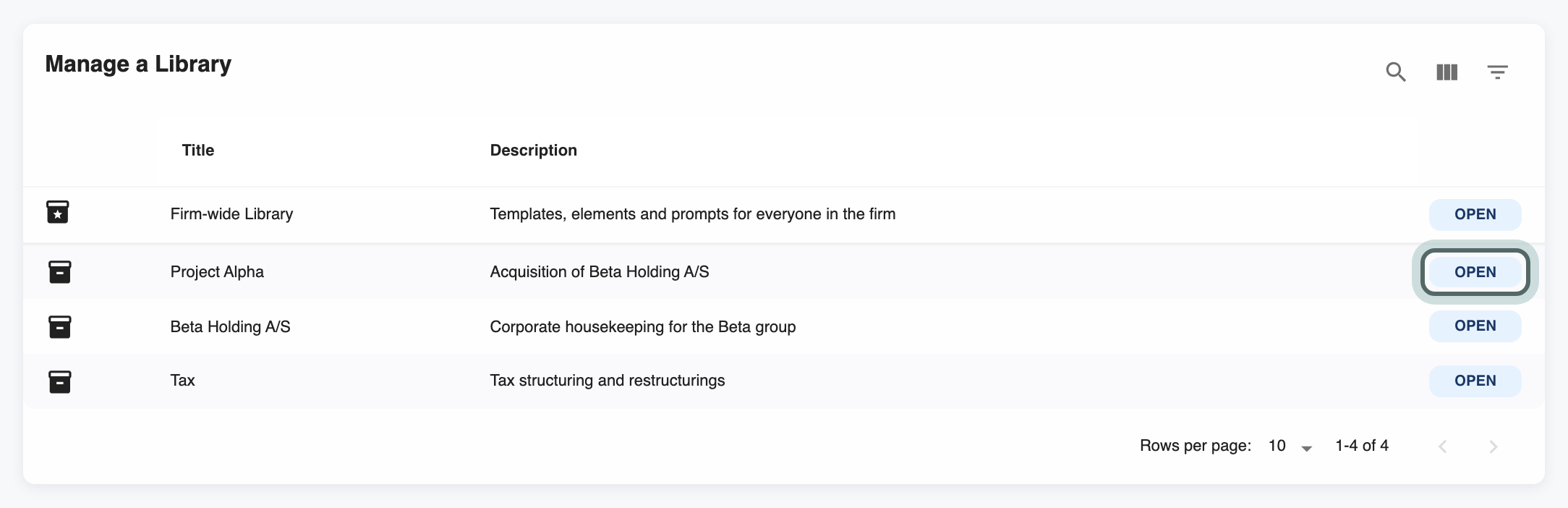 Manage a Library: the Firm-wide Library first, then a library for each group (Project Alpha, Beta Holding A/S, Tax) with its title and description. Open is highlighted on Project Alpha.