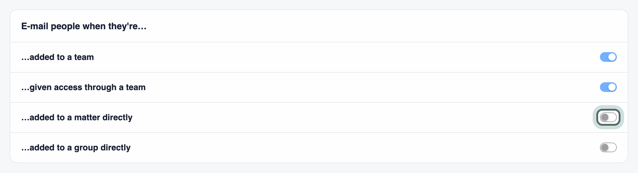 The Notifications page: E-mail people when they're added to a team (on), given access through a team (on), added to a matter directly (off) and added to a group directly (off). The switch for added to a matter directly is highlighted.