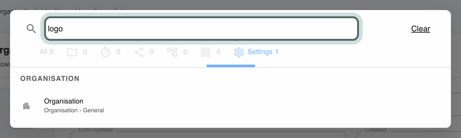 Settings search open with logo typed in, listing the settings that match, and the search field highlighted.