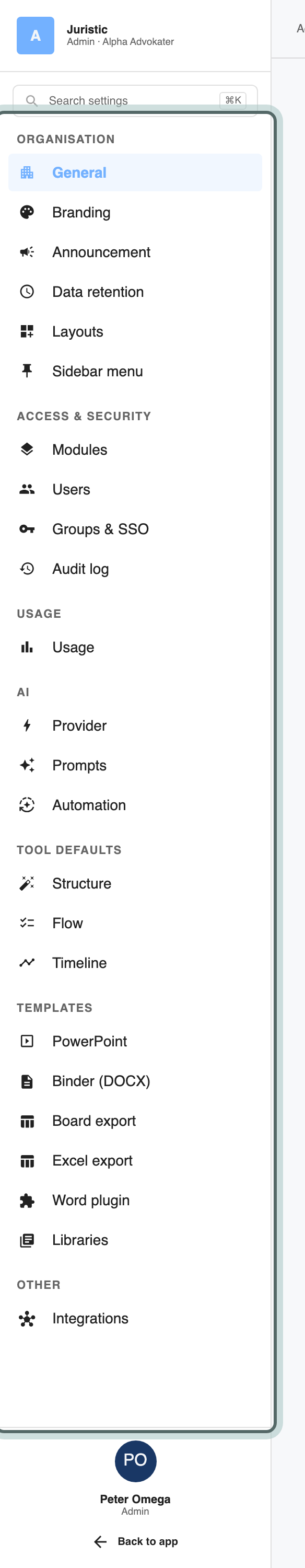 The admin panel's navigation: Organisation, Access & Security, Usage, AI, Tool defaults, Templates and Other, each with its pages.