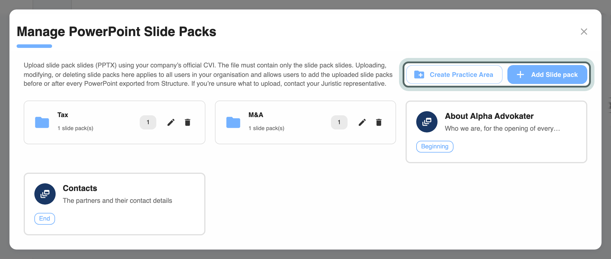The Manage PowerPoint Slide Packs window: practice areas Tax and M&A with their slide packs, the slide packs outside any practice area, and Create Practice Area and Add Slide pack highlighted.