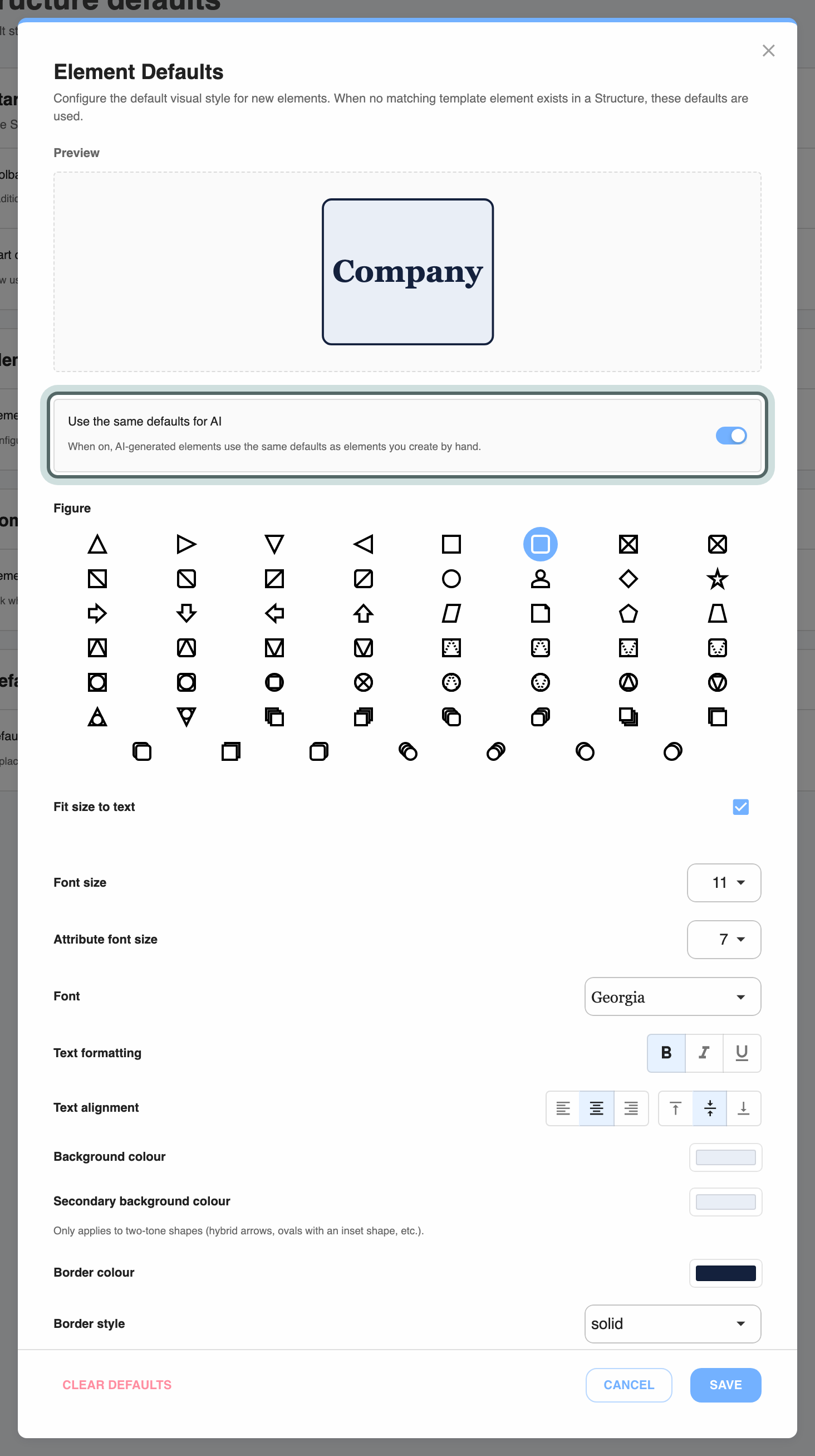 The Element Defaults window: a preview of a new element, Use the same defaults for AI switched on and highlighted, and the fields for the figure, size, font and colours.