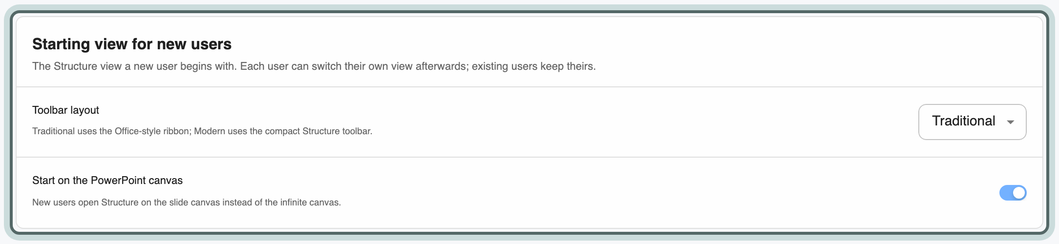 The Starting view for new users card: the Toolbar layout, Traditional or Modern, and the Start on the PowerPoint canvas switch.