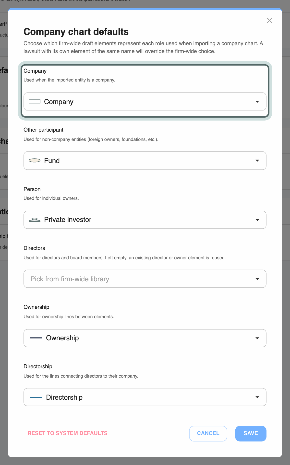 The Company chart defaults window, the Company picker highlighted: the firm-wide elements used for a Company, Other participant, Person and Directors, and the relationships used for Ownership and Directorship, when a company chart is imported.