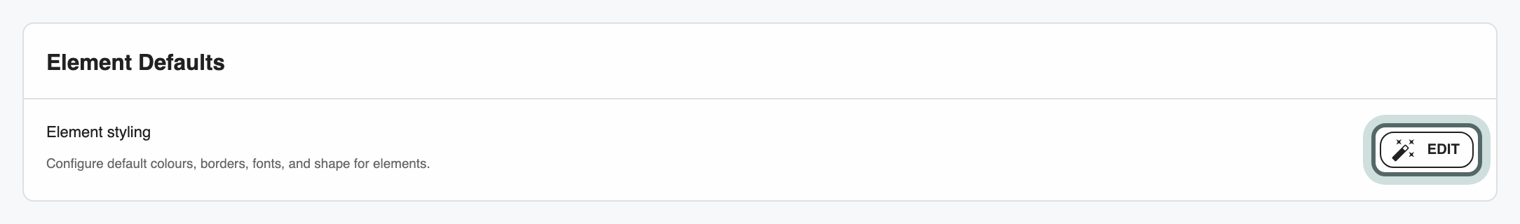 The Element Defaults card on the Structure defaults page, with Edit beside Element styling highlighted.