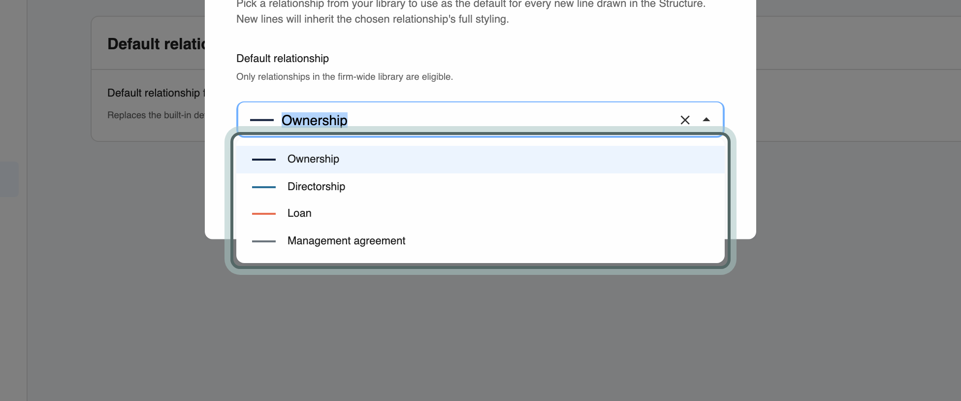 The Default relationship window with the picker open on the relationships in the Firm-wide Library: Ownership, Directorship, Loan and Management agreement.