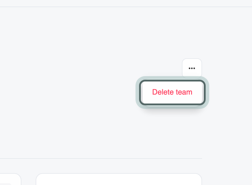 The team's More team actions menu, with Delete team highlighted.