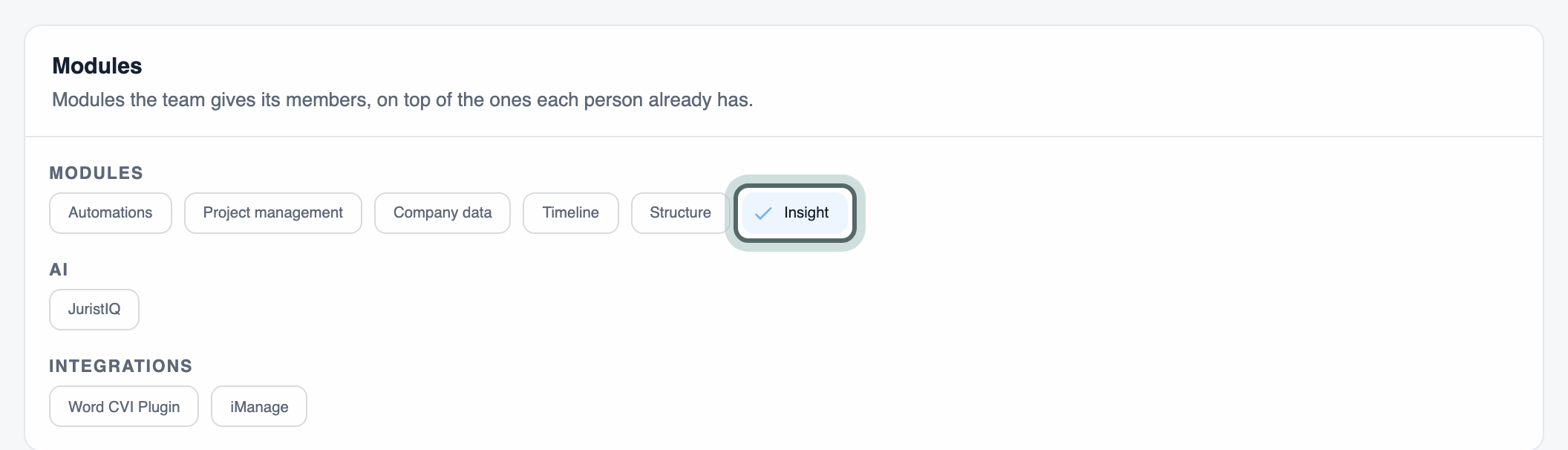 Modules on the Access tab: the firm's modules as chips, grouped by kind, with Insight switched on for the team.