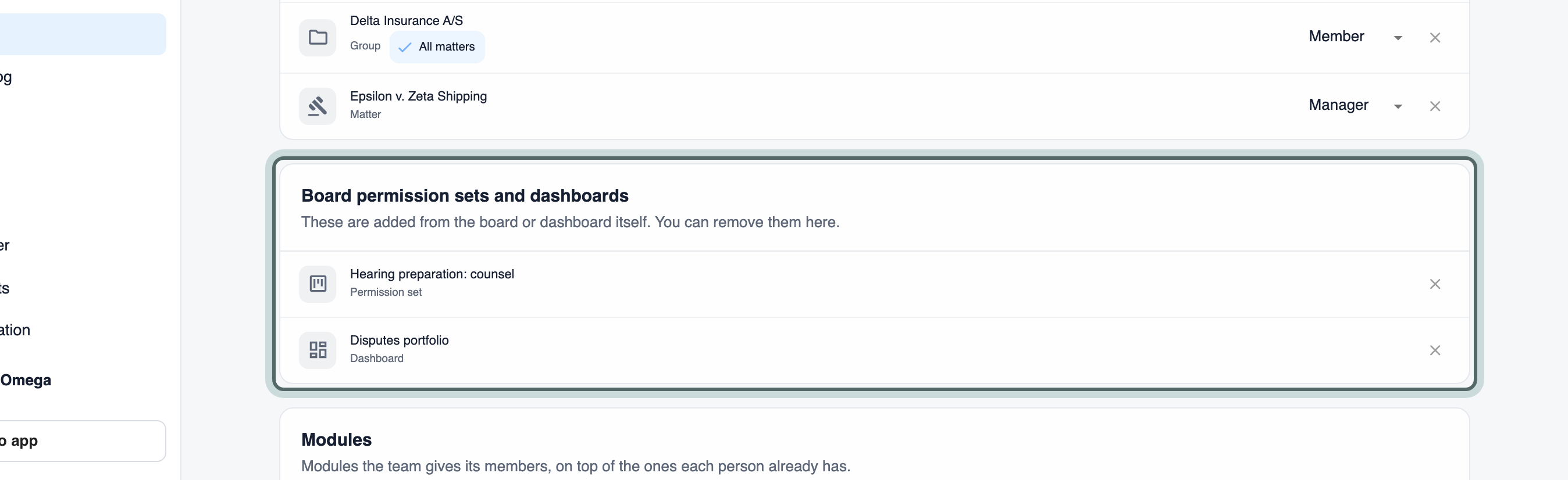 Board permission sets and dashboards: Hearing preparation: counsel, a permission set, and Disputes portfolio, a dashboard, each with a remove button. They are added from the board or dashboard itself.