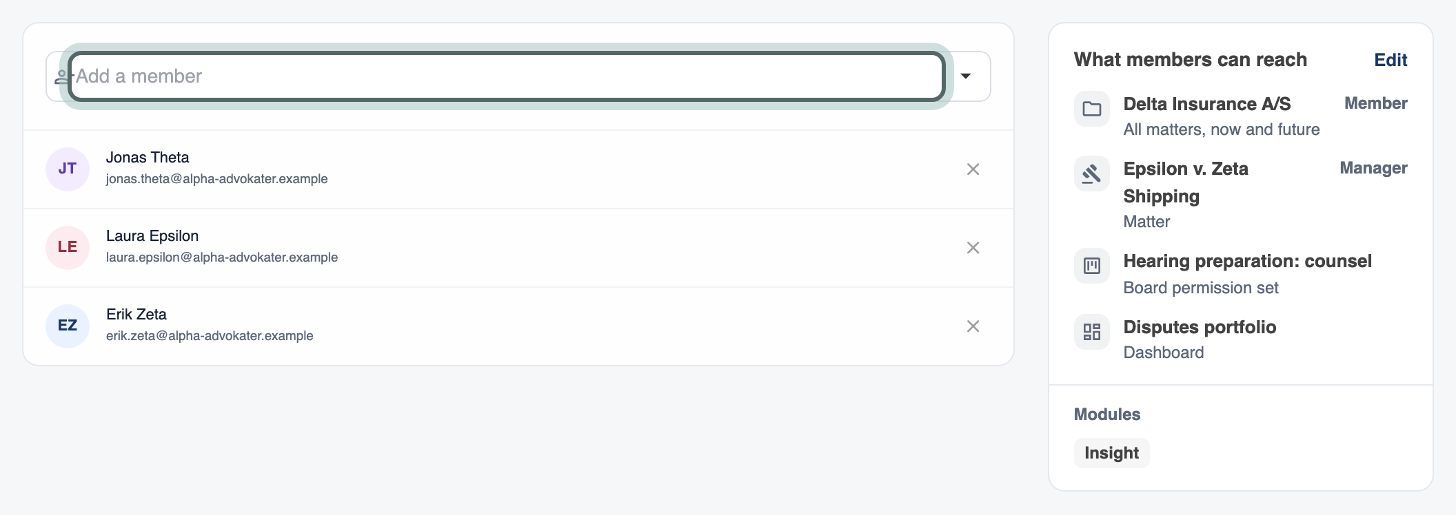 The Disputes team's page on the Members tab: Add a member above Jonas Theta, Laura Epsilon and Erik Zeta, and beside them What members can reach. Add a member is highlighted.