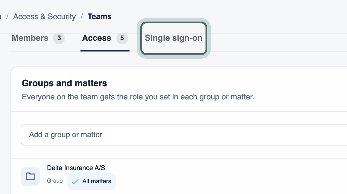 The team page's tabs with Single sign-on highlighted.