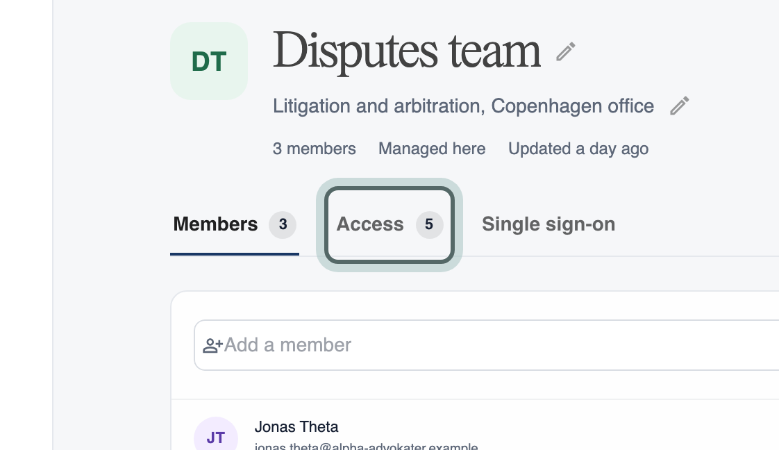The team page's tabs, Members, Access and Single sign-on, with Access highlighted.