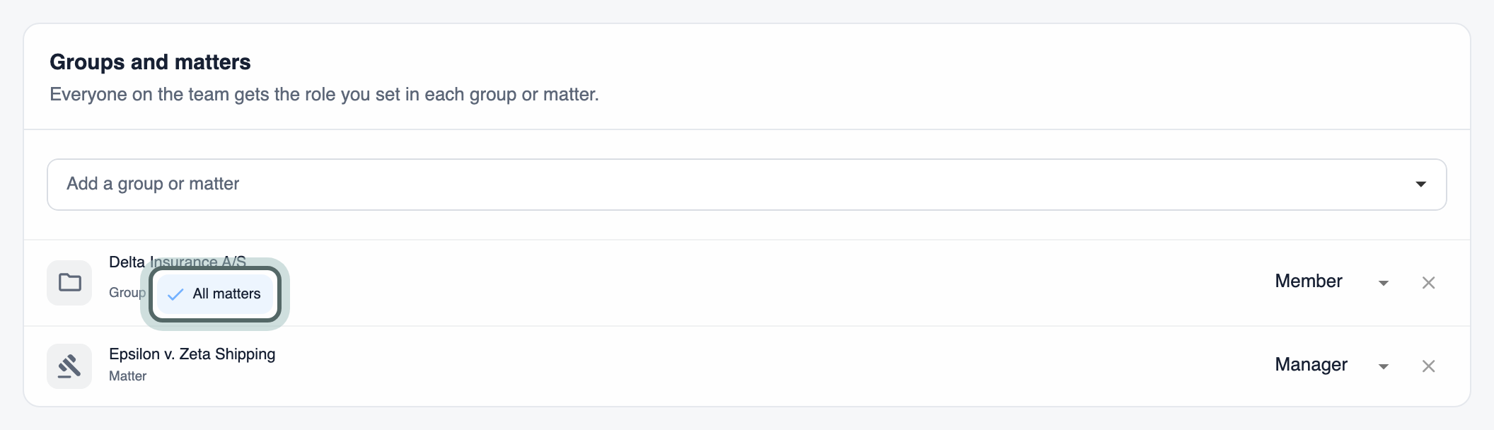 Groups and matters on the Access tab: the group Delta Insurance A/S with All matters switched on and the role Member, and the matter Epsilon v. Zeta Shipping with the role Manager. All matters is highlighted.