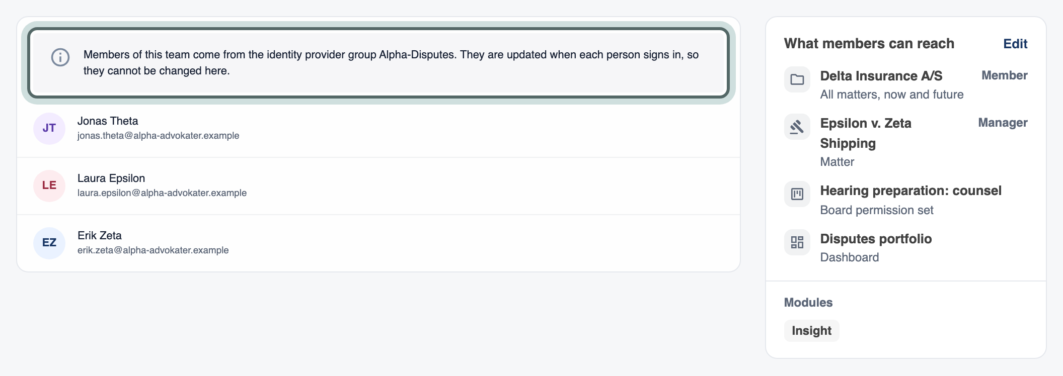 The Members tab of a team linked to Alpha-Disputes: a note that its members come from the identity provider group and are updated at each sign-in, and no way to add or remove members here.