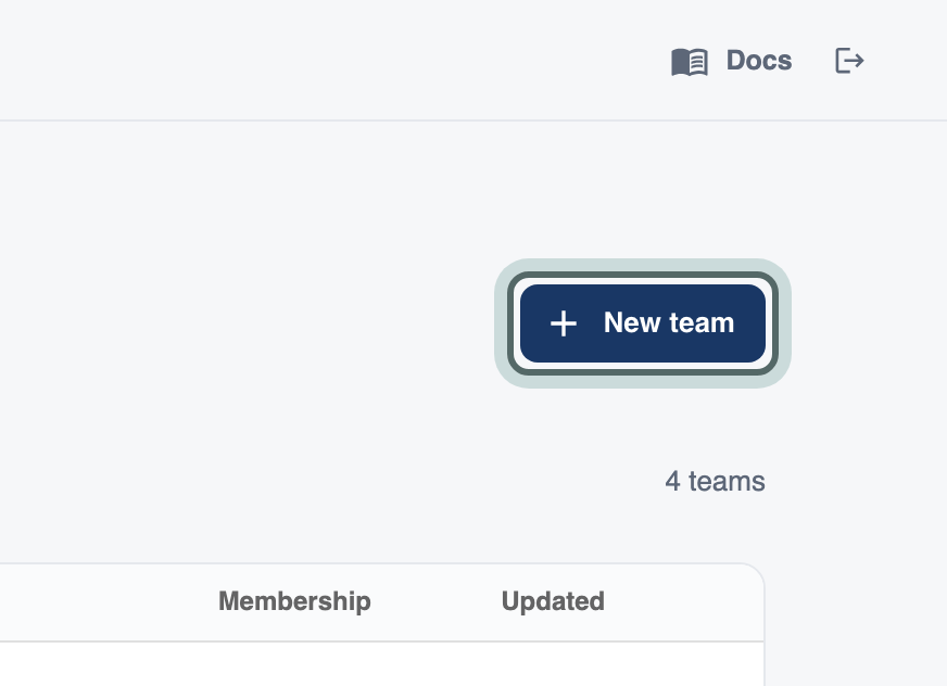 New team highlighted at the top right of the Teams page.