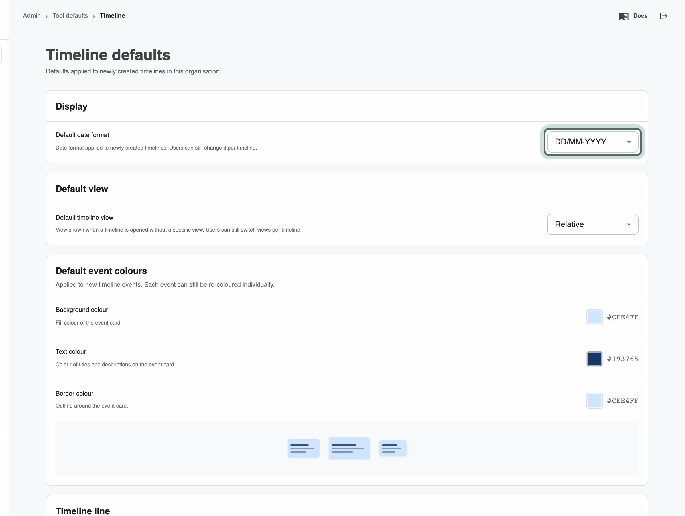 The Timeline defaults page: Display, with the Default date format for new timelines highlighted, and Default view, with the Default timeline view.
