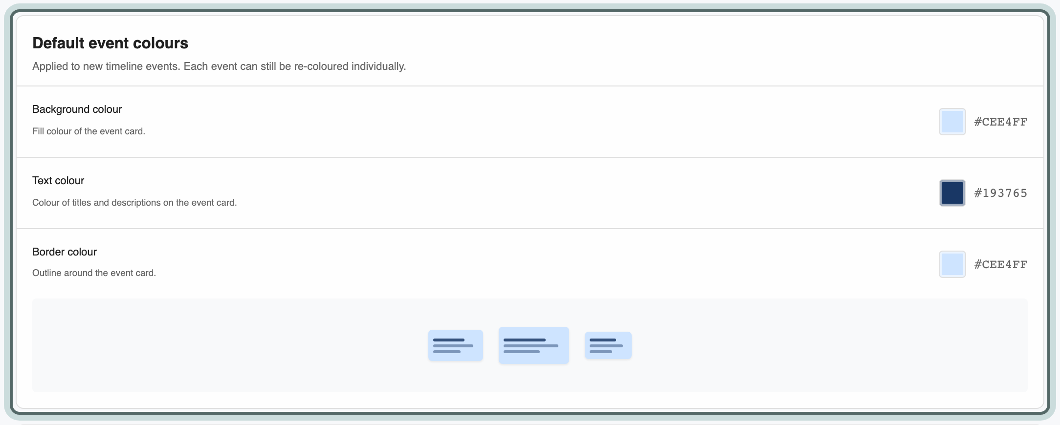 The Default event colours card: Background colour, Text colour and Border colour for new events, each with a swatch and its hex code, and a preview of an event.