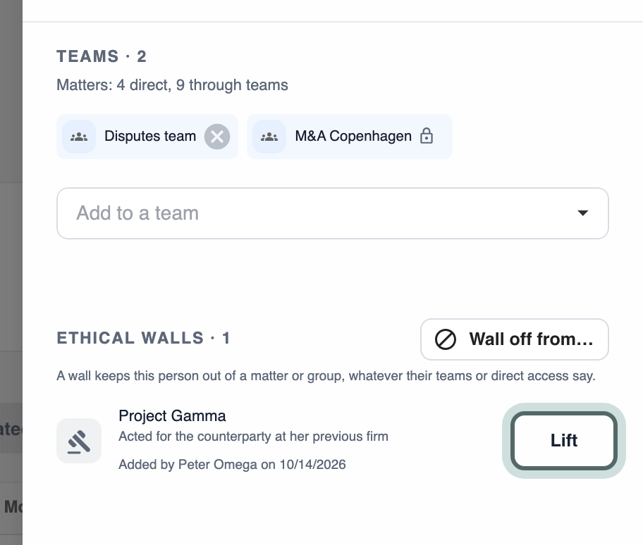 Ethical walls in Laura Epsilon's panel: Project Gamma, with the reason, who added the wall and when, and Lift highlighted.