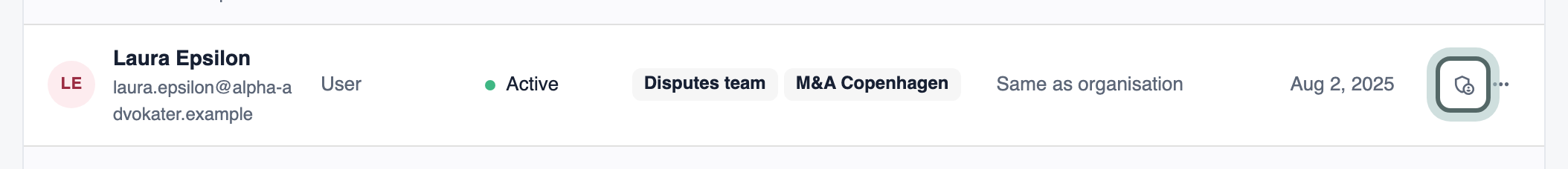 Laura Epsilon's row on the Users page, with the shield button Teams and access highlighted next to the three dots.