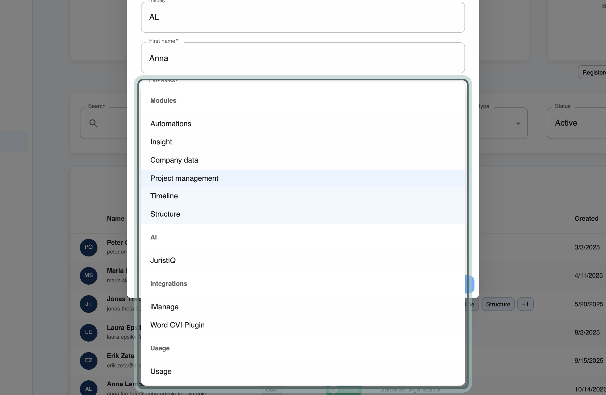 Anna Lambda's Edit user profile dialog with the Access list open and highlighted: the firm's modules grouped as Modules, AI, Integrations and Usage, with Project management, Timeline and Structure ticked.