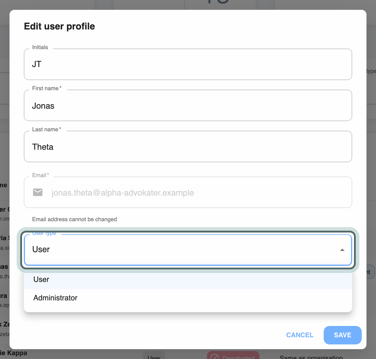 The Edit user profile dialog for Jonas Theta with the User type list open: User and Administrator.