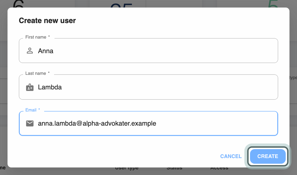 The Create new user dialog filled in for Anna Lambda, anna.lambda@alpha-advokater.example, with Create highlighted.