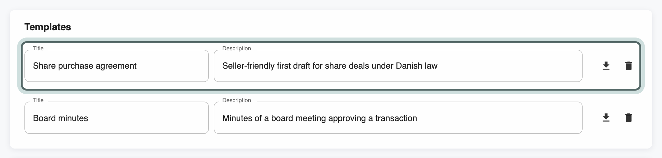 The Templates card: the firm's Word templates for the add-in, each with its title and description, and buttons to download or delete it. The share purchase agreement template is highlighted.