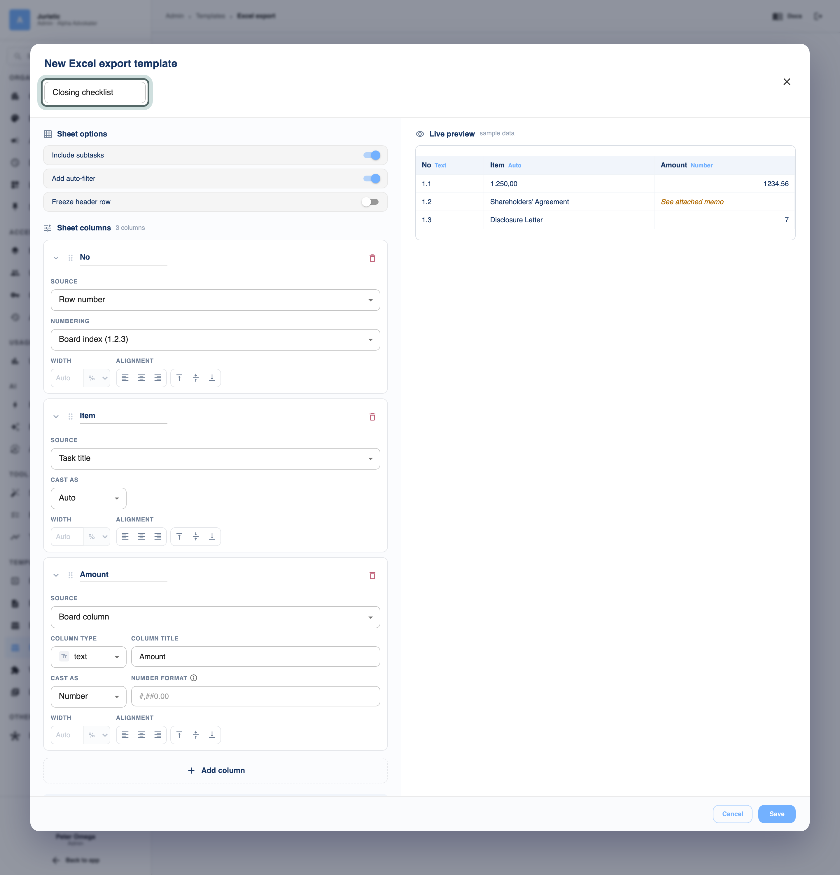 The New Excel export template editor: the template's name, the sheet options, a card per column with its source, column type, column title and cast, and a live preview with sample data.