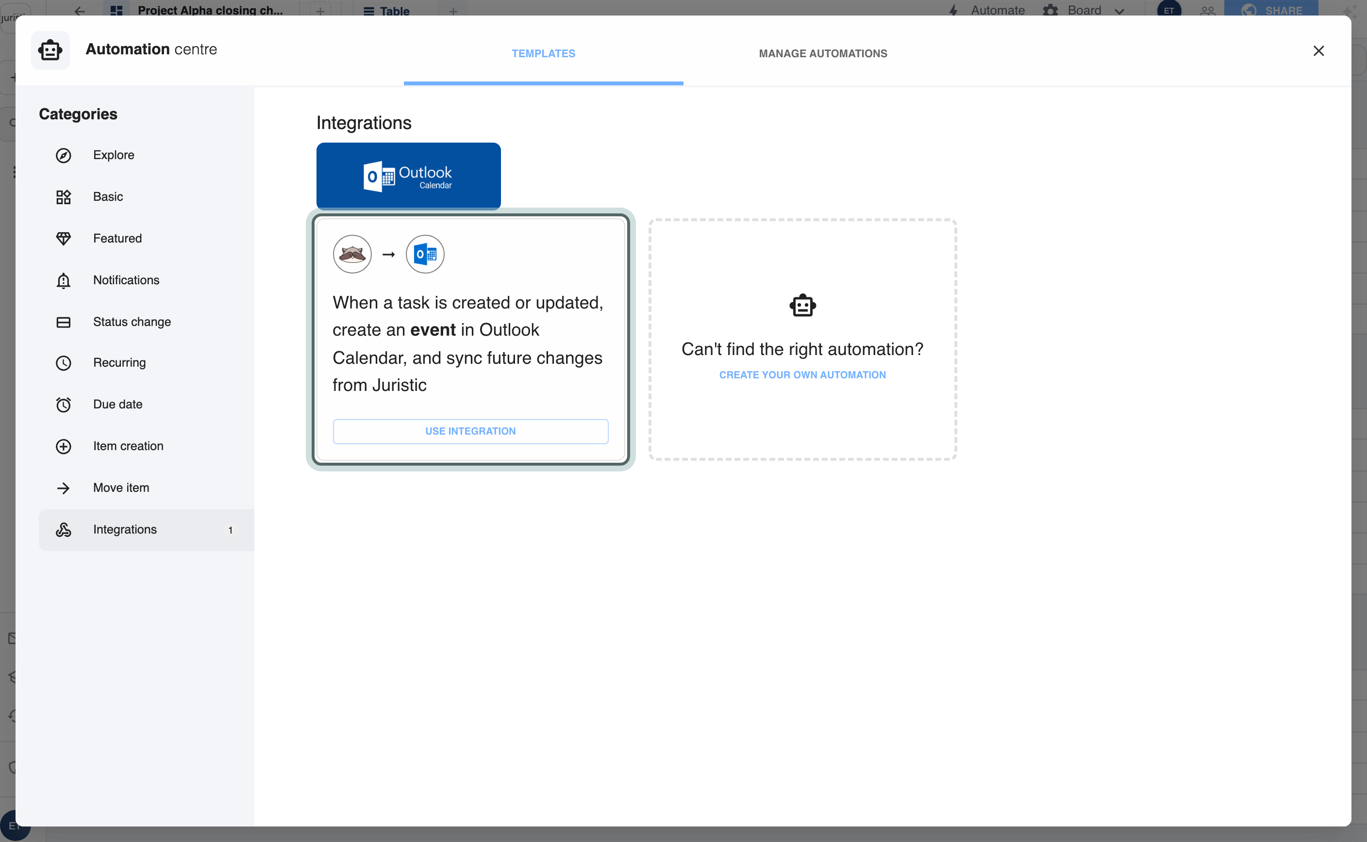 Templates in the Integrations category: the Outlook Calendar template, highlighted, which creates an event in Outlook Calendar when a task is created or updated and keeps it in step.