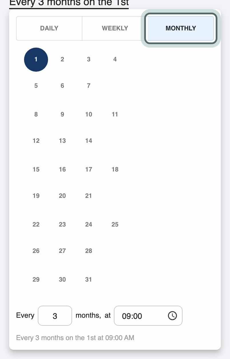 When this happens set to Every time period: Daily, Weekly and Monthly with Monthly chosen, every 3 months on the 1st at 09:00, and the line that reads the schedule back. Monthly is highlighted.