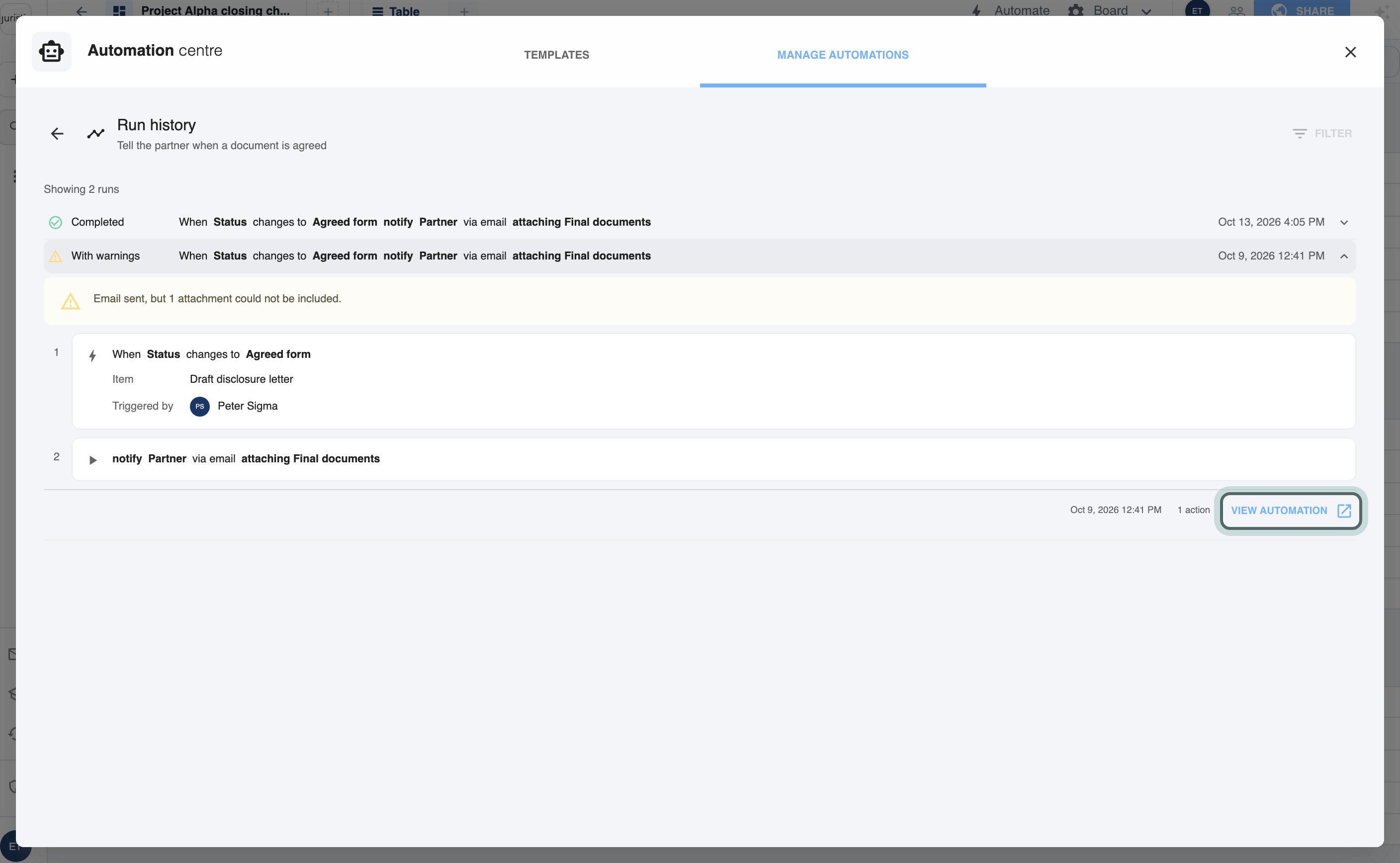 Run history of the automation Tell the partner when a document is agreed: a Completed run and a run With warnings, the second opened to show its trigger and action steps, the warning, and View automation, highlighted.